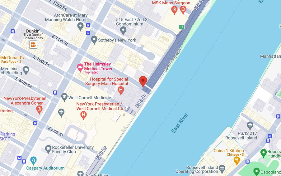 Google Maps screenshot of the Hospital for Special Surgery jobsite location in New York City. LGH helped Metropolitan Steel lift a tower crane to this site.
